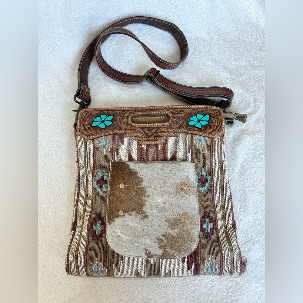 Myra Bag Genuine Leather Cowhide Shoulder Crossbody Azure blossoms Hand-Tooled
